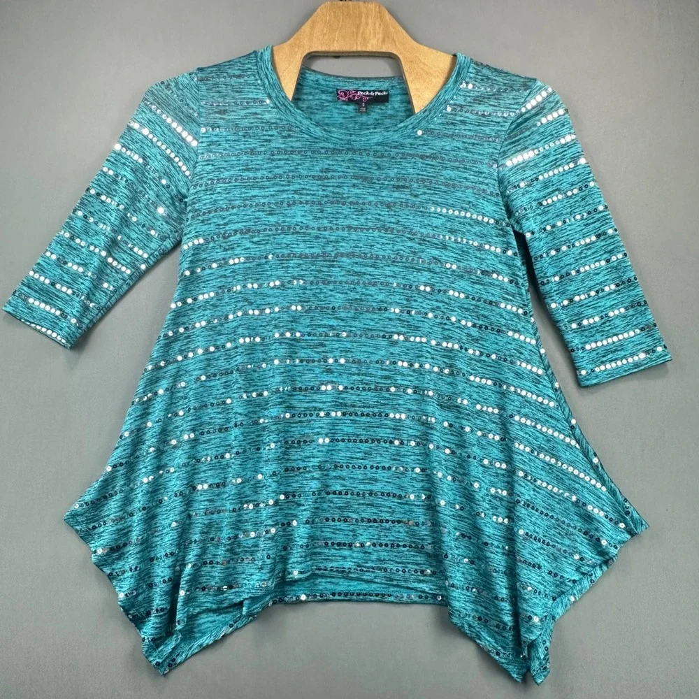 Peck & Peck Top Womens S Teal Excellent Sequin Sharkbite Hem Space Dye Sparkle